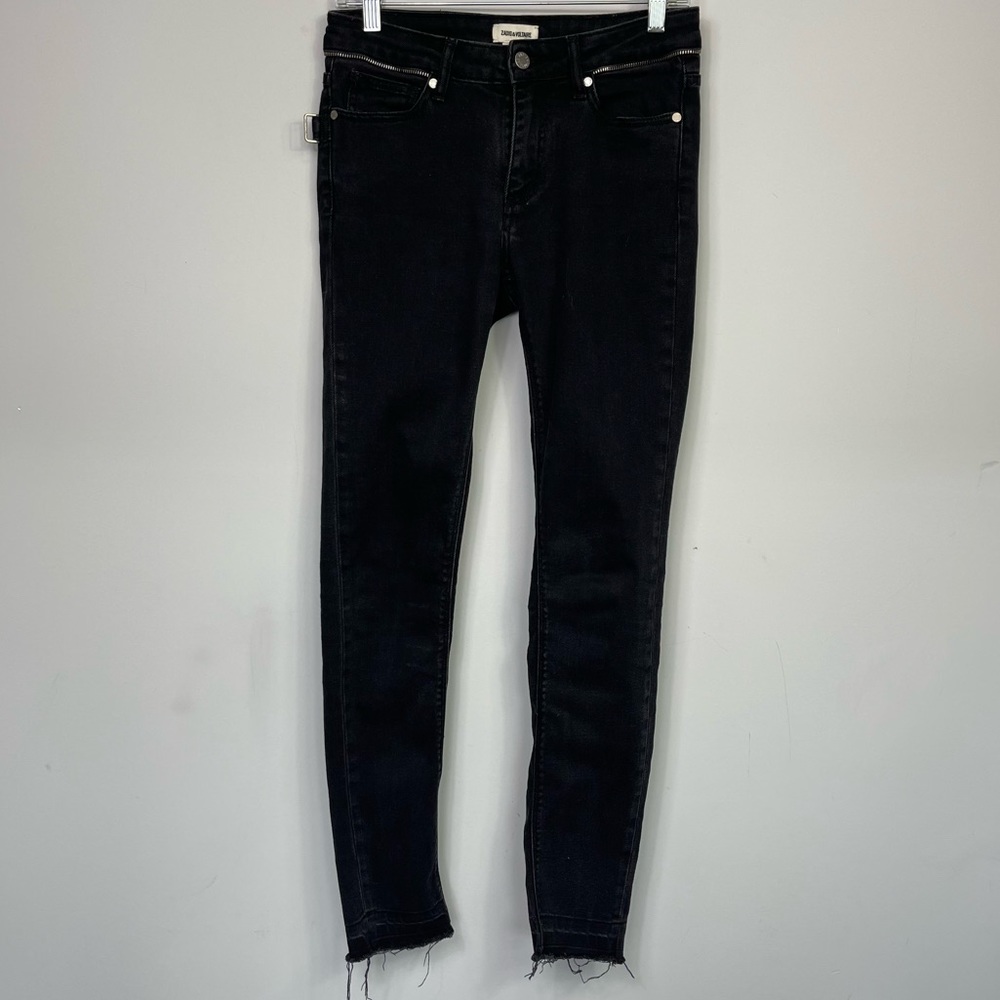 Zadig & Voltaire Paris Eva Zip Jeans Raw Released Hem Slim Skinny Black 27 - Picture 7 of 16